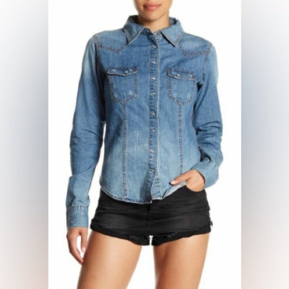 One Teaspoon Zeppelin Savannah Chambray Denim Shirt Button Down Distressed - Picture 3 of 16